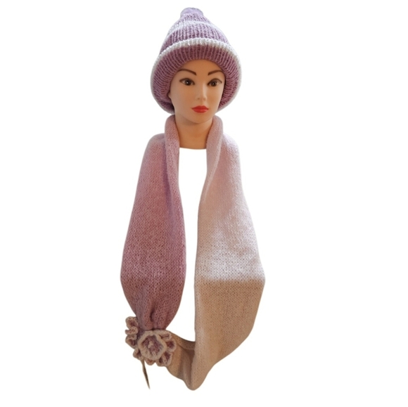 Hand Crafted 2pc Set Scaf & pom pom beanie purple crochet slauchy white striped - Picture 3 of 17
